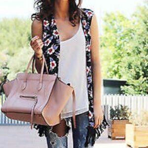 Zara Trafaluc Black Floral Open Vest Fringe